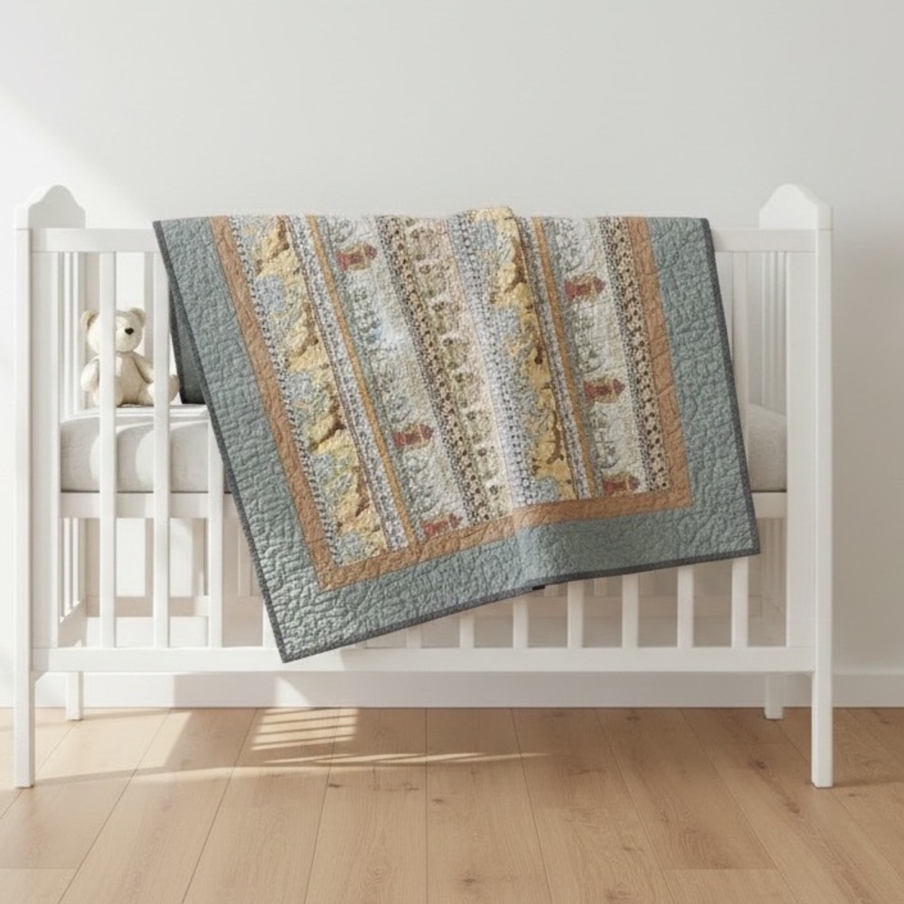 Noahs Ark Baby Quilt Blanket Animals Blue Brown‎ Nursery Crib Bedding 25x38"